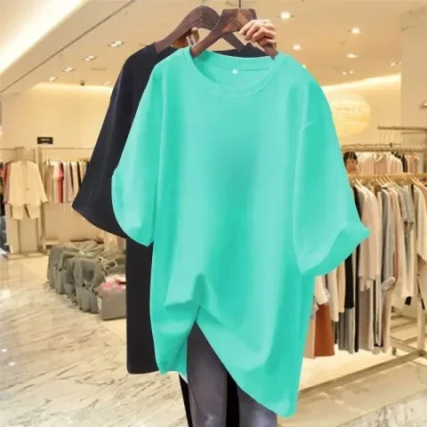 Pink Women's T-shirt Short Sleeve Medium-length Loose-fit Printing Heart Design European Style Casual Wear