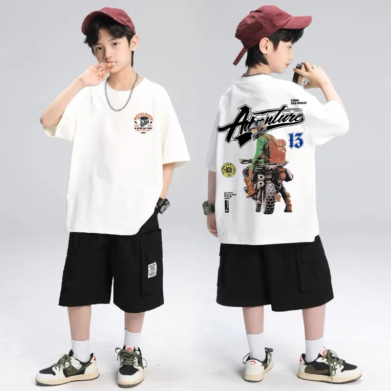 Korean Children's Clothes 2025 Boys Motorcycle Graphic T-Shirt Summer Short Sleeve 100% Cotton Loose Children Top Kids Clothes