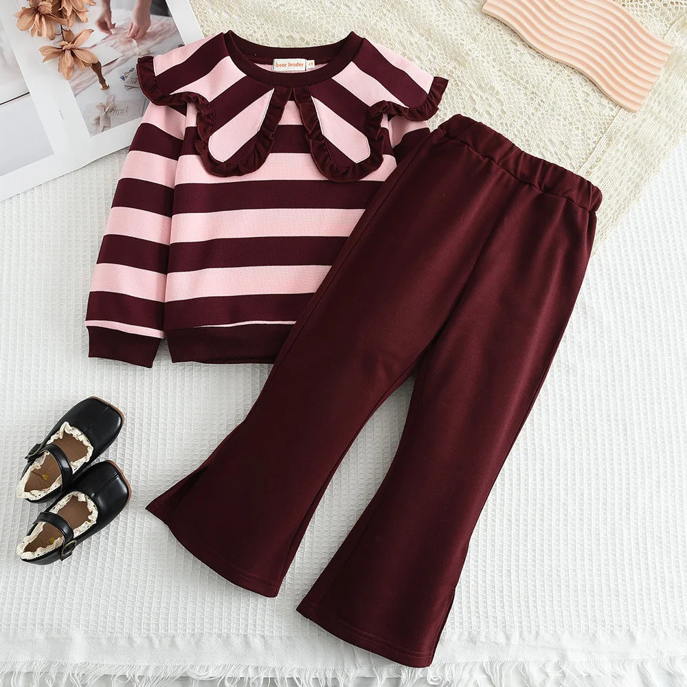 Girls' Long Sleeve Set Autumn and Winter New Girls' Large Lapel Pleated Stripe Top+Bell-bottoms Two Piece Girls' Set