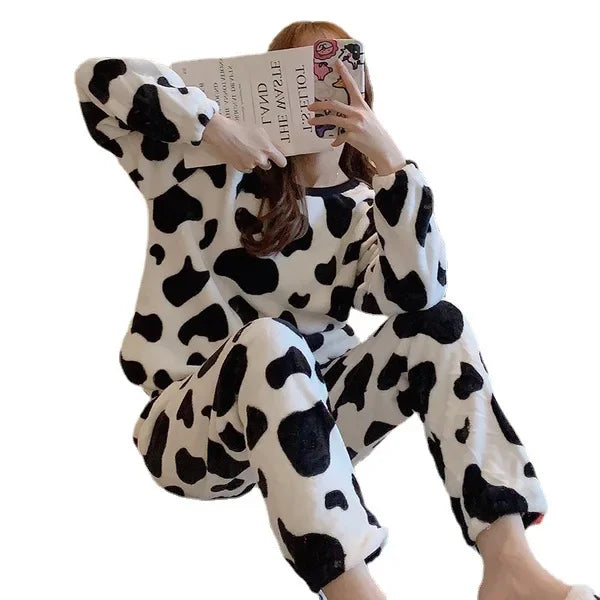 New Korean Style Loose-fit Thickened Sleepwear Coral Fleece Women's Autumn Winter Suit Cute Cow Print Flannel Homewear