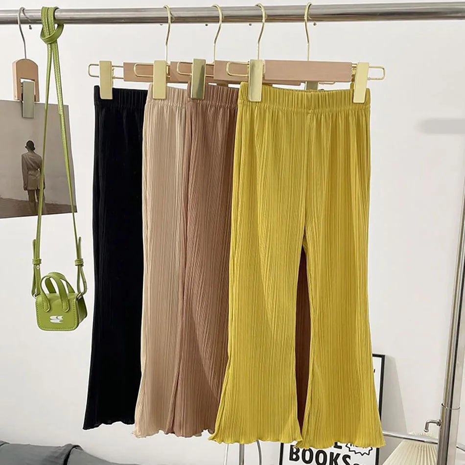Children Summer Solid Color Thin Ribbed Knit Flared Pants Girls Casual Trousers Korea Fashion Pants Girl Princess Style Capris