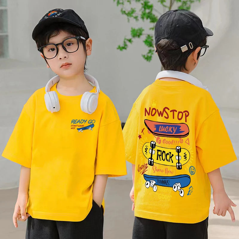 Skateboard Pattern Design Children's Tops Summer Boys Girls Short Sleeve T-shirts Cotton Korean Kids Clothes 2025 7-13Y 4-6Y