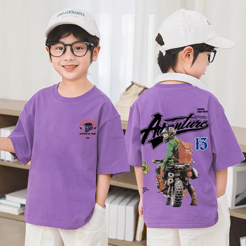Korean Children's Clothes 2025 Boys Motorcycle Graphic T-Shirt Summer Short Sleeve 100% Cotton Loose Children Top Kids Clothes