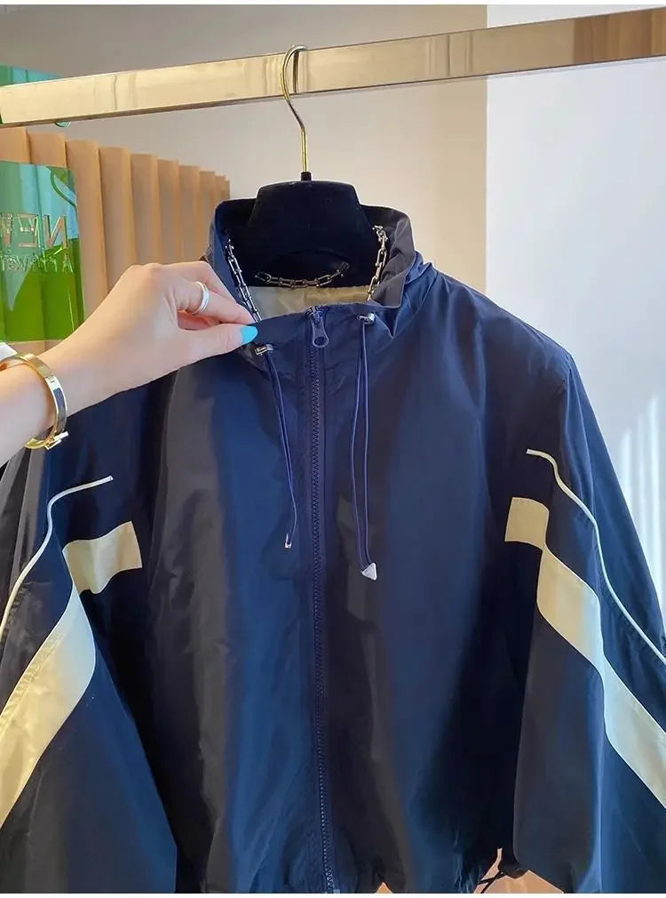 2024 New Design SensibilityNiche Loose-Fit Casual Drawstring Stand Collar Jacket Women's Spring Autumn Baseball Uniform
