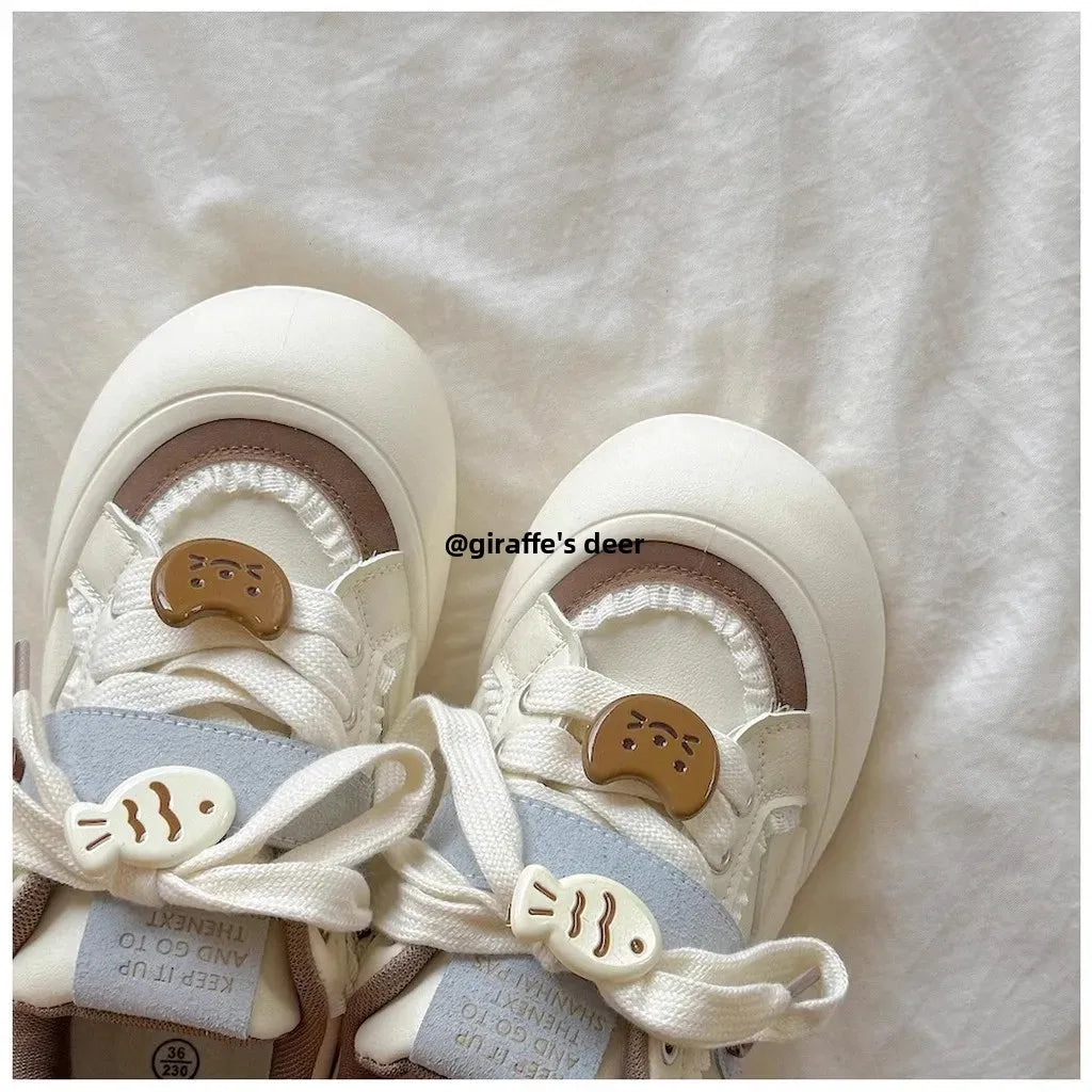 Women's round Toe Thick Bottom White Sneakers Spring Autumn Thin Breathable Casual Shoes Student Versatile Foot Slimming Bread S