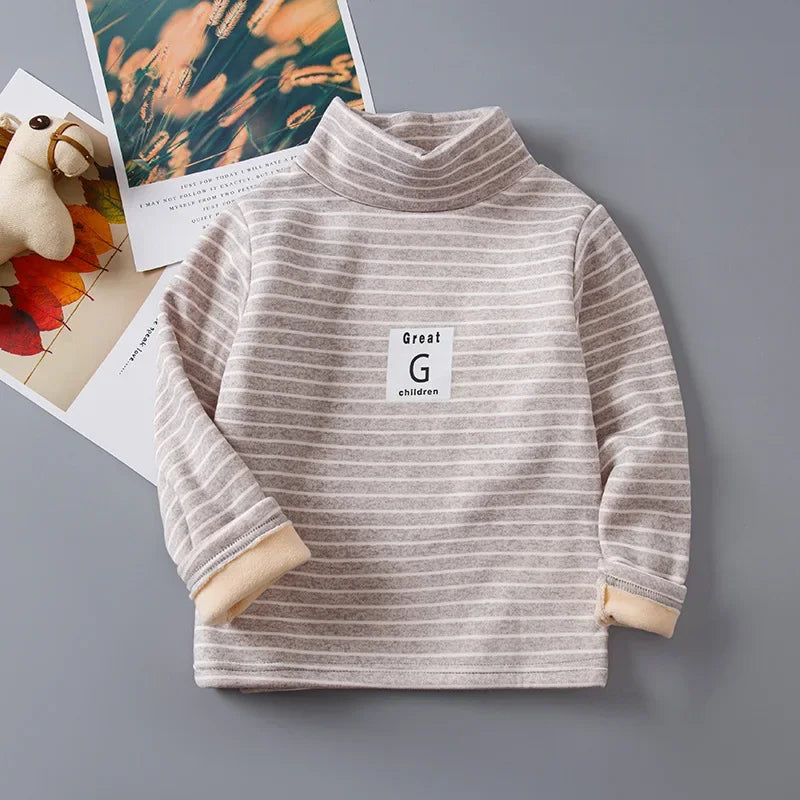 Children's Autumn Winter Fleece-Lined Sweatshirt Casual Style Middle Neck Base Layer Top Outer Wear Boys Girls Home Clothes
