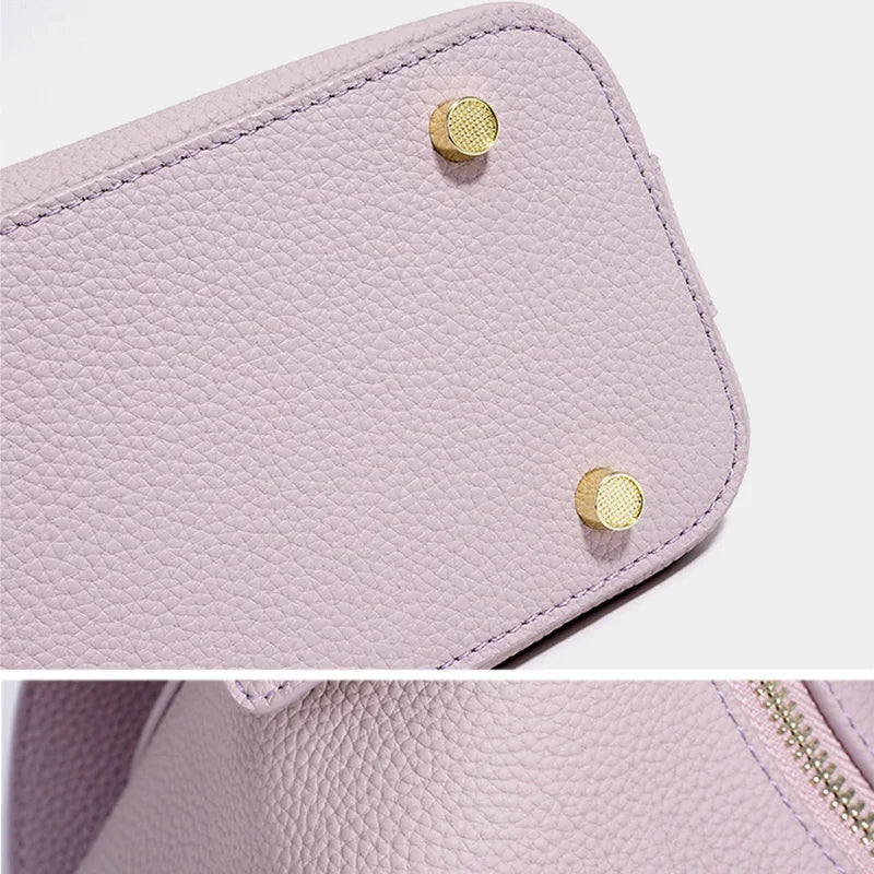 Women's Plain Color Genuine Leather Handbag Fashionable All-match Casual Versatile Trendy Single Shoulder Bag with Lock Design