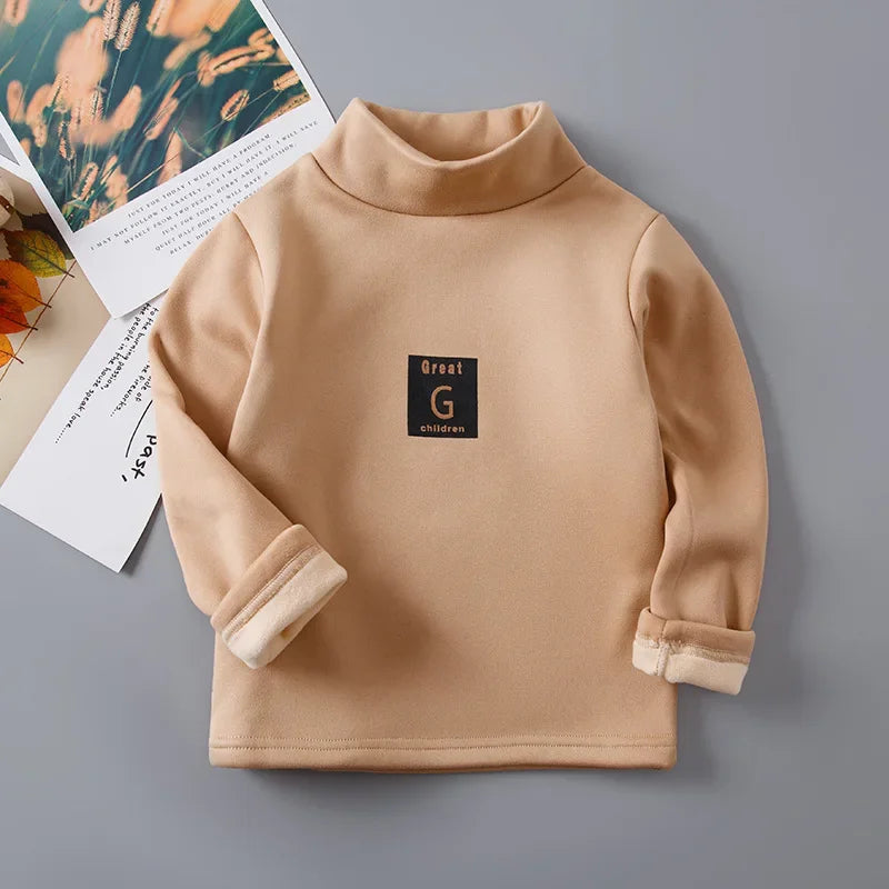 Children's Autumn Winter Fleece-Lined Sweatshirt Casual Style Middle Neck Base Layer Top Outer Wear Boys Girls Home Clothes