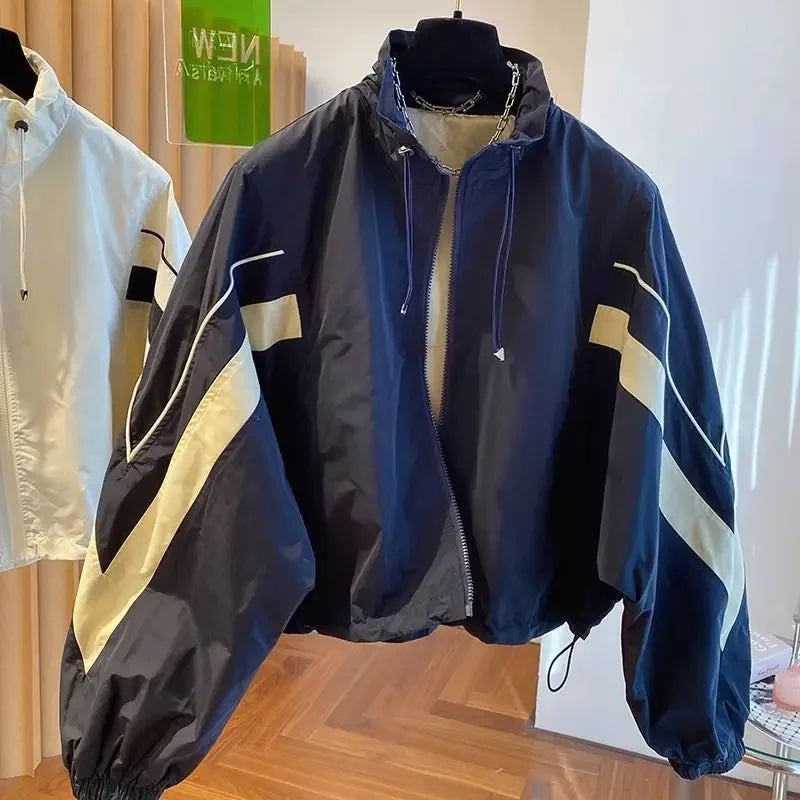 2024 New Design SensibilityNiche Loose-Fit Casual Drawstring Stand Collar Jacket Women's Spring Autumn Baseball Uniform