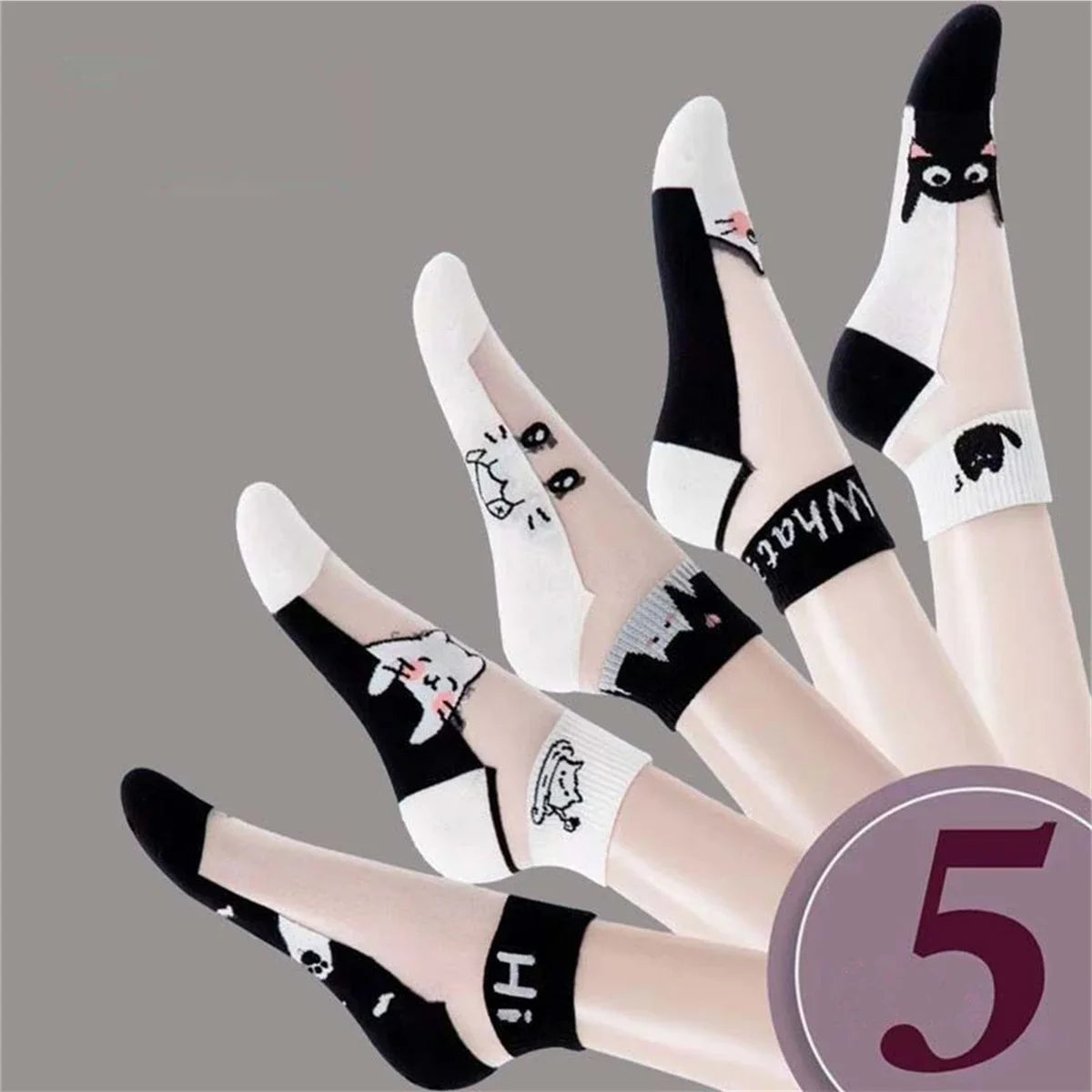 5Pairs Summer Socks Black White Cat Glass Silk Breathable Female Short Socks Simple Cute Footwear