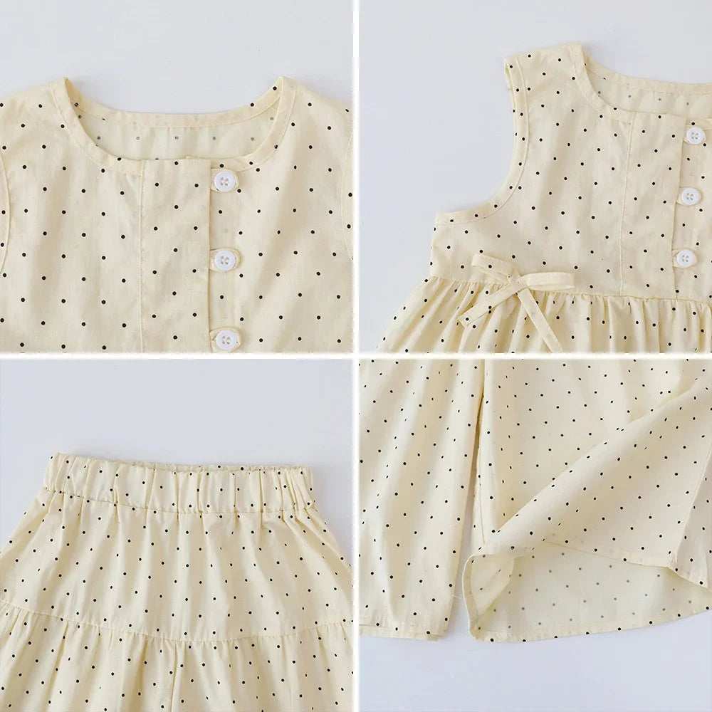 Bear Leader Baby Girl's Casual Clothing Round Neck Sleeveless Polka Dot Top+Wide Leg Pants Set with Bow and Botton 2PCS Set