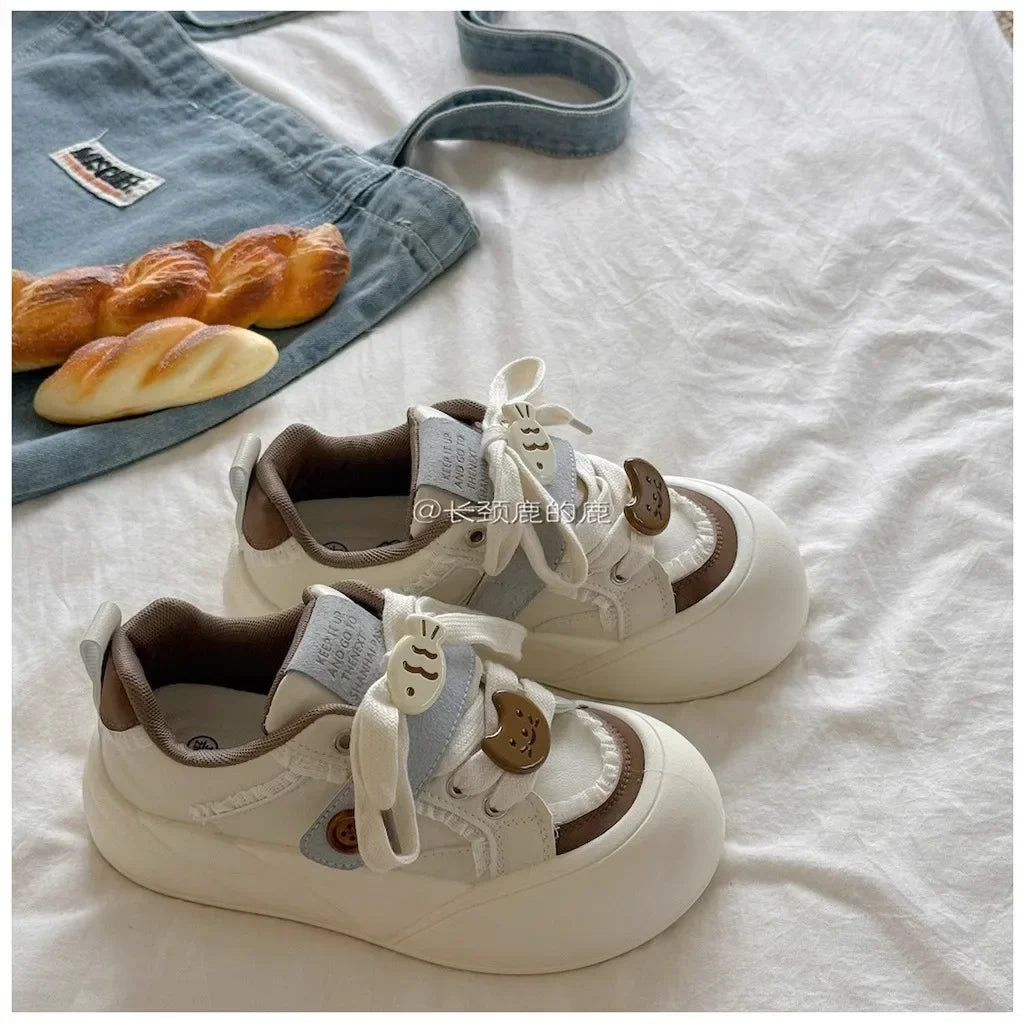 Women's round Toe Thick Bottom White Sneakers Spring Autumn Thin Breathable Casual Shoes Student Versatile Foot Slimming Bread S