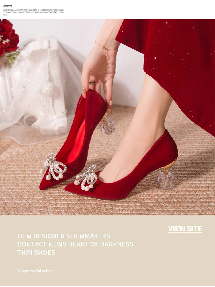 Wedding shoes bride shoes women new pearl thick heel shallow mouth pointed Xiuhe main wedding dress not tired foot single shoes