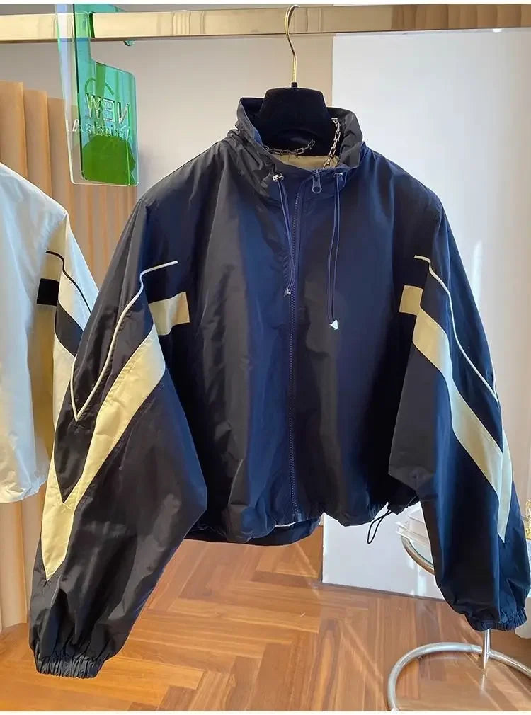 2024 New Design SensibilityNiche Loose-Fit Casual Drawstring Stand Collar Jacket Women's Spring Autumn Baseball Uniform
