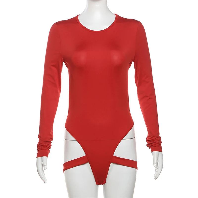 Weird Puss Hollow Backless Bodysuit Woman Summer Sexy Hottie Long-Sleeve Solid O-Neck Bandage Chic Bodyshape Skinny Clubwear Top