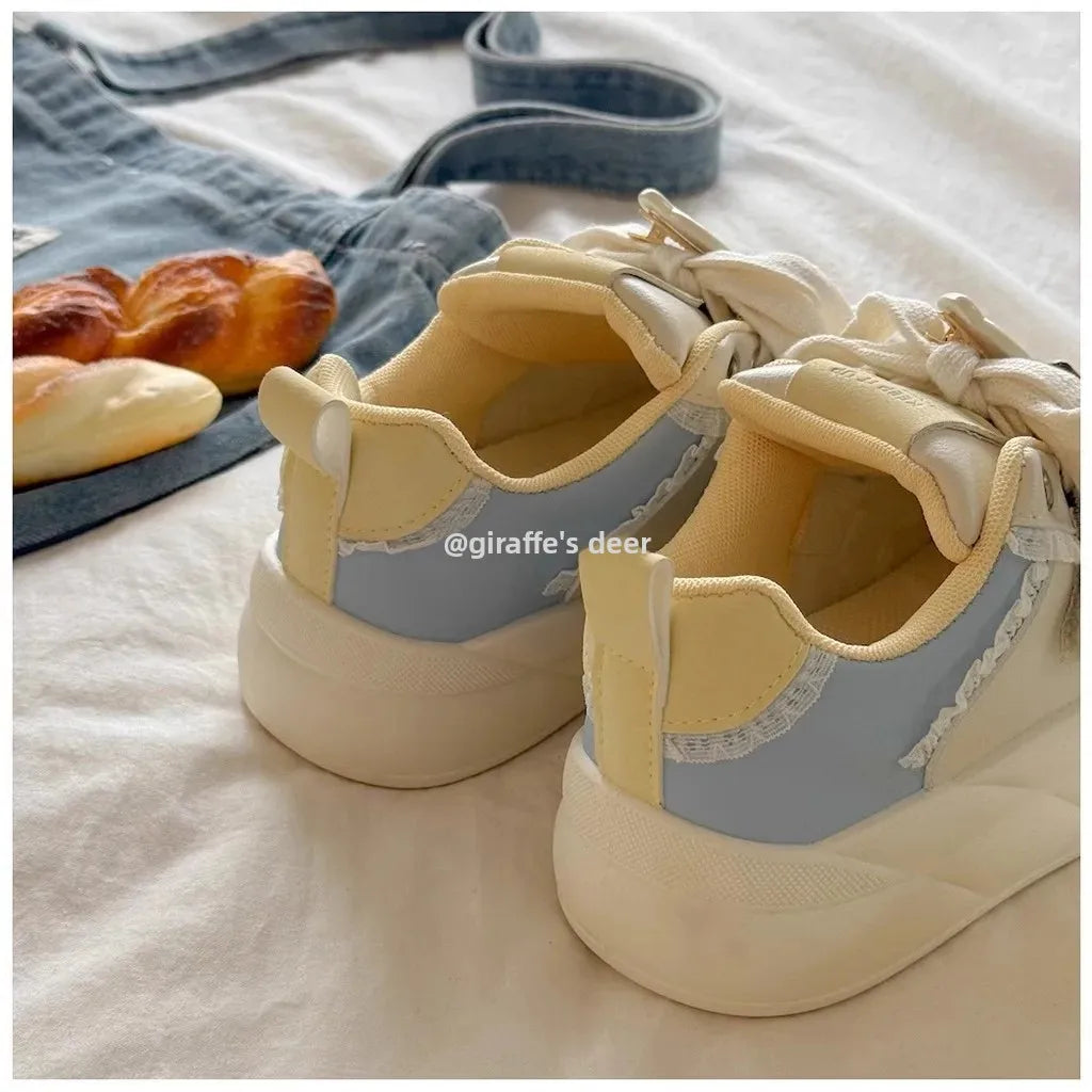 Women's round Toe Thick Bottom White Sneakers Spring Autumn Thin Breathable Casual Shoes Student Versatile Foot Slimming Bread S