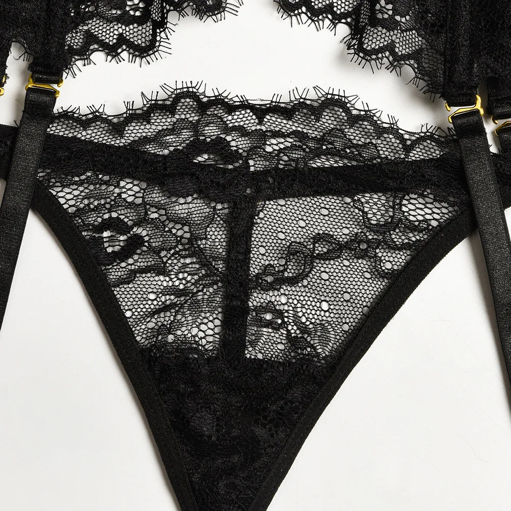 Diccvicc Beautiful Lingerie Eyelash Elegant Transparent Lace Bra Panty Set Floral Embroidery Women Sexy Underwear Exotic Outfit