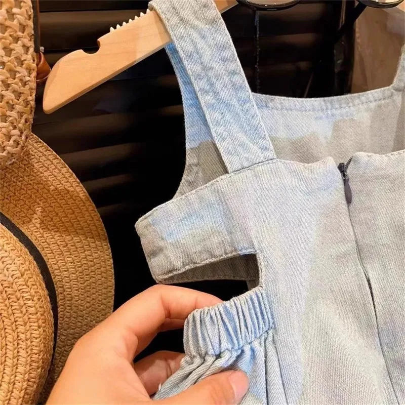 MILANCEL New Summer 2 - 7 Years Old Girls' Blue Denim Sling Dress with Waist - revealing Design - Stylish Summer Outfit