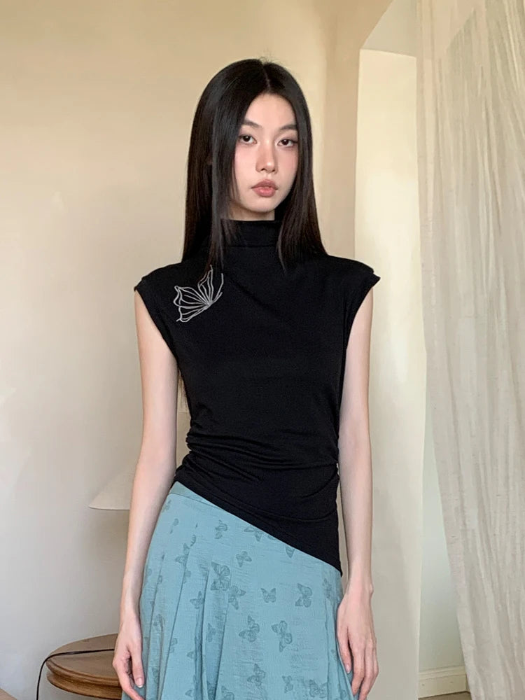 CHEERART Vintage Butterfly Sleeveless Black T Shirts Women Turtleneck Asymmetrical Top Designer Fashion Crop Top Clothing