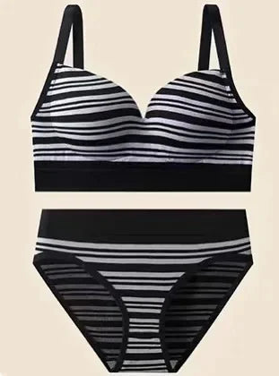 French Stripe Sexy Backless Bra And Panty Set Comfortable No Steel Ring Back Closure Wrap Chest Women's Underwear Set