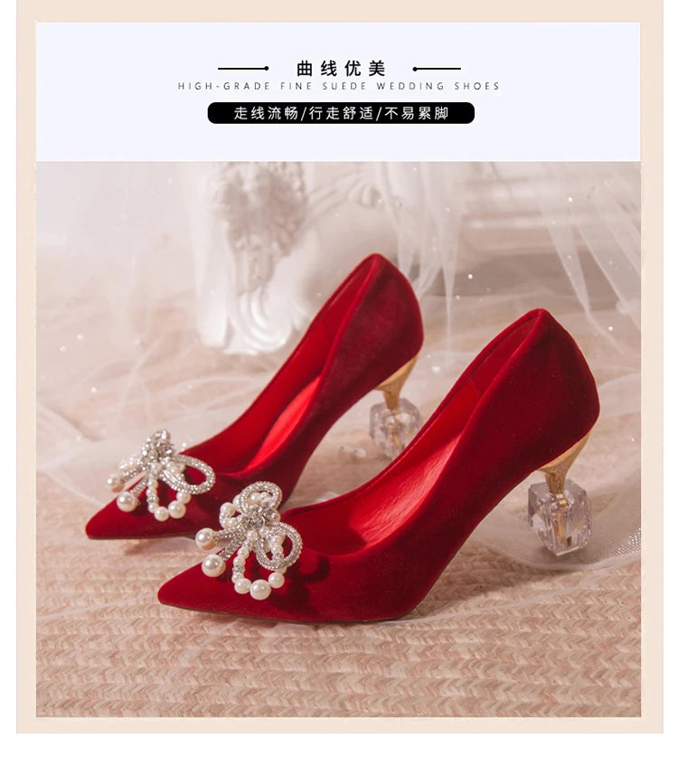Wedding shoes bride shoes women new pearl thick heel shallow mouth pointed Xiuhe main wedding dress not tired foot single shoes