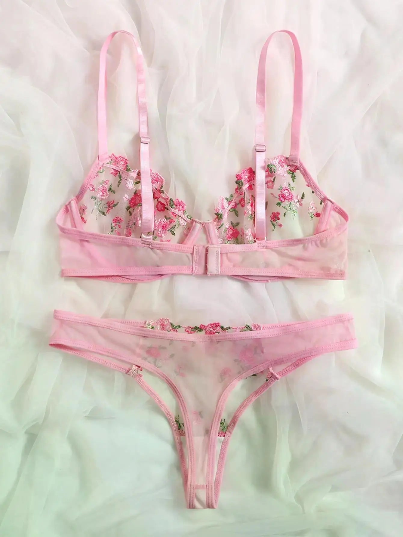 Transperant Lingerie Set Women Mesh Net Sexi Lenceria Sensual Mujer Bra Sets Embroidery Floral Underwired