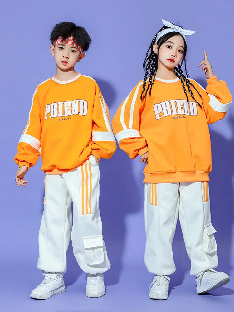 Fashion Kids Hip Hop Dancing Costumes 4 Girls Boys Ballroom Jazz Dance Clothes Party Wear Stage Outfits Orange White Shirt Pants