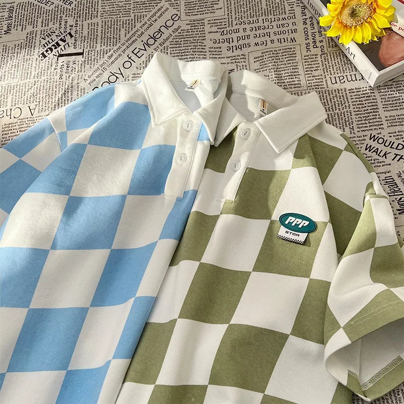 Vintage Preppy Style American Fashion Polo Shirt Men's Half Sleeve Casual Lapel Checkered Pattern T-shirt For Summer