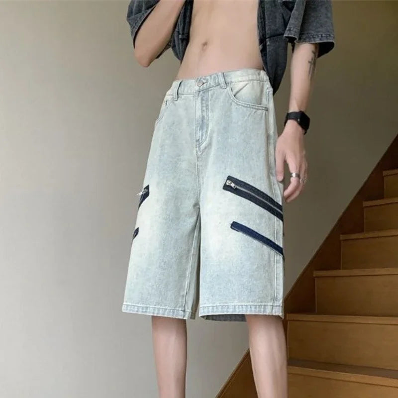 With Pockets Loose Bermuda Half Baggy Man Denim Shorts Long Wide Short Jeans Pants for Men Trend 2025 Harajuku Designer Blue Emo