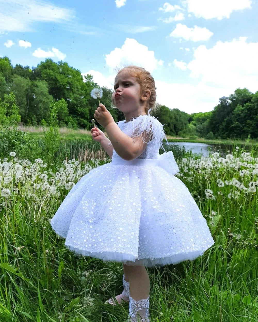 White Tulle Girl Dress Sequined Bows 3-9 Years Children's First Communion Ball Gown Wedding Party Bridesmaid Dress Kids Princess