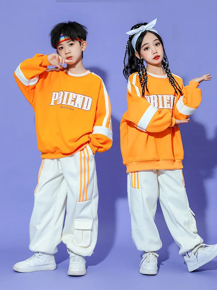 Fashion Kids Hip Hop Dancing Costumes 4 Girls Boys Ballroom Jazz Dance Clothes Party Wear Stage Outfits Orange White Shirt Pants