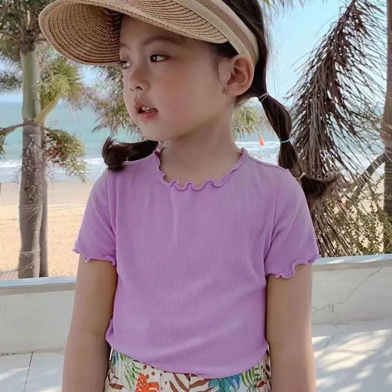Girls Casual Ice Silk Short Sleeved T-shirt Summer Children Ear Edge Top 2-10 Years Old Girl Versatile Half Sleeved Clothes