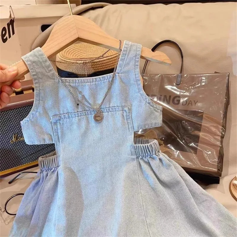 MILANCEL New Summer 2 - 7 Years Old Girls' Blue Denim Sling Dress with Waist - revealing Design - Stylish Summer Outfit