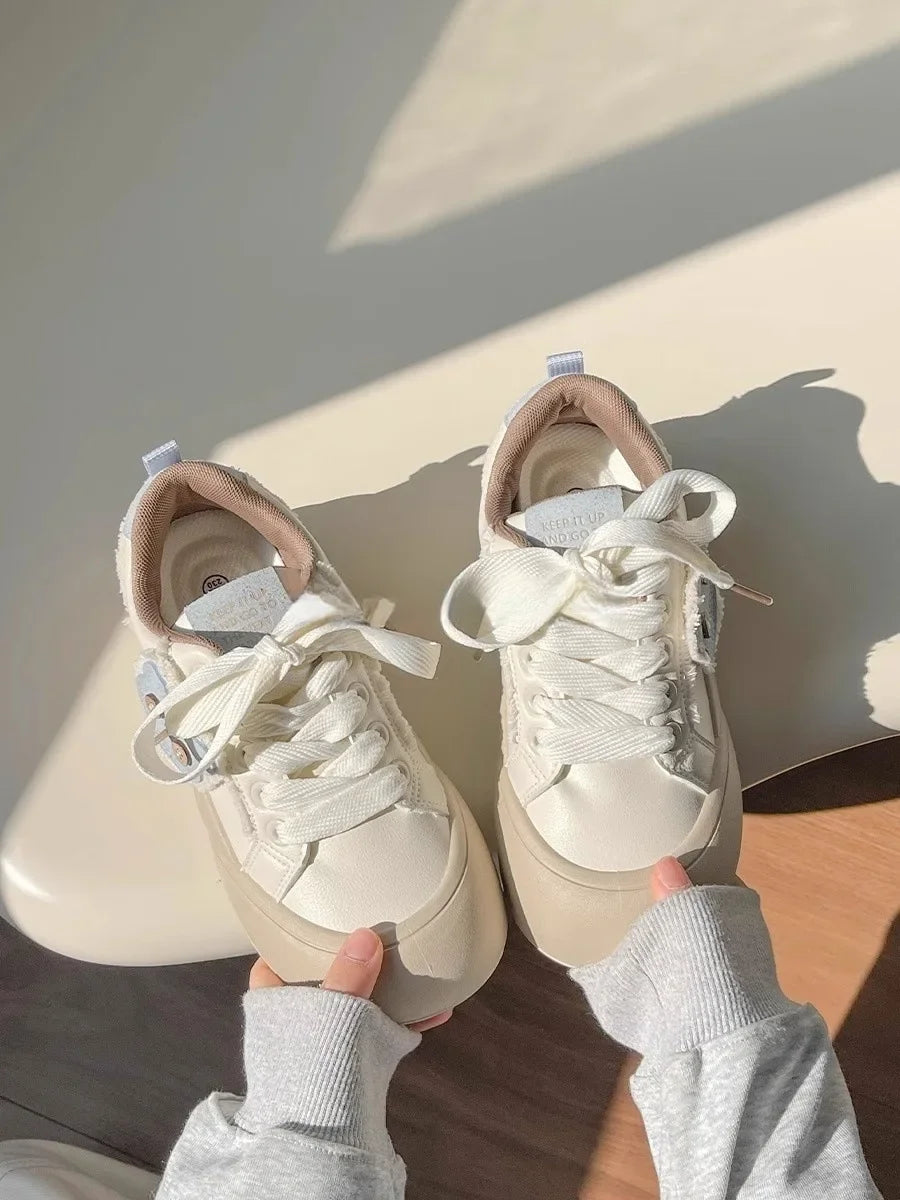 Spring Women's Dopaamine Board Shoes Versatile Thick Bottom Bread Style Casual Chic Sneakers Rubber Outsole Anti-Slip Synthetic