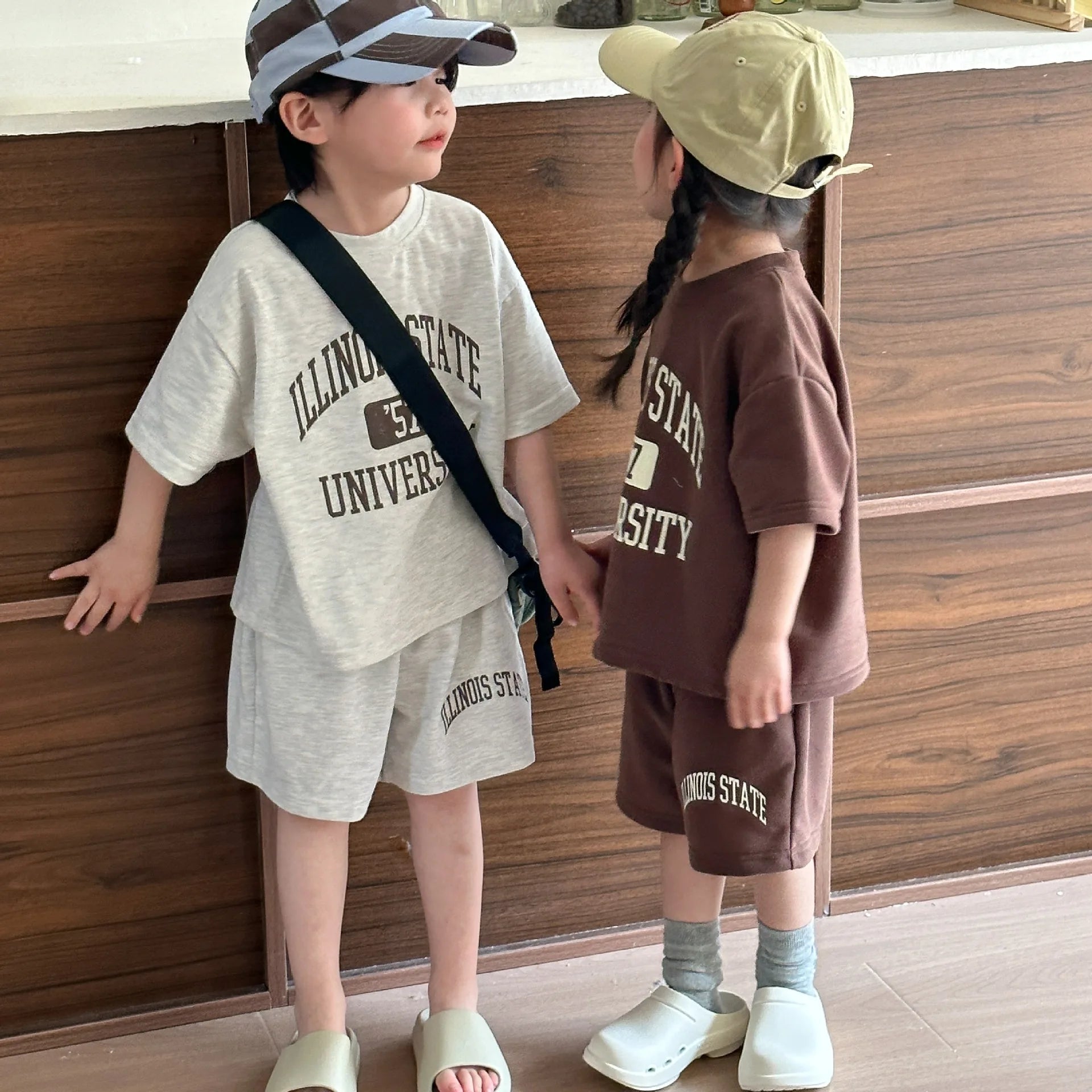2025 Summer Hooded Children's Short Sleeve Set with Simple Trendy Boys and Girls' Baby Shorts Set with Stylish Style