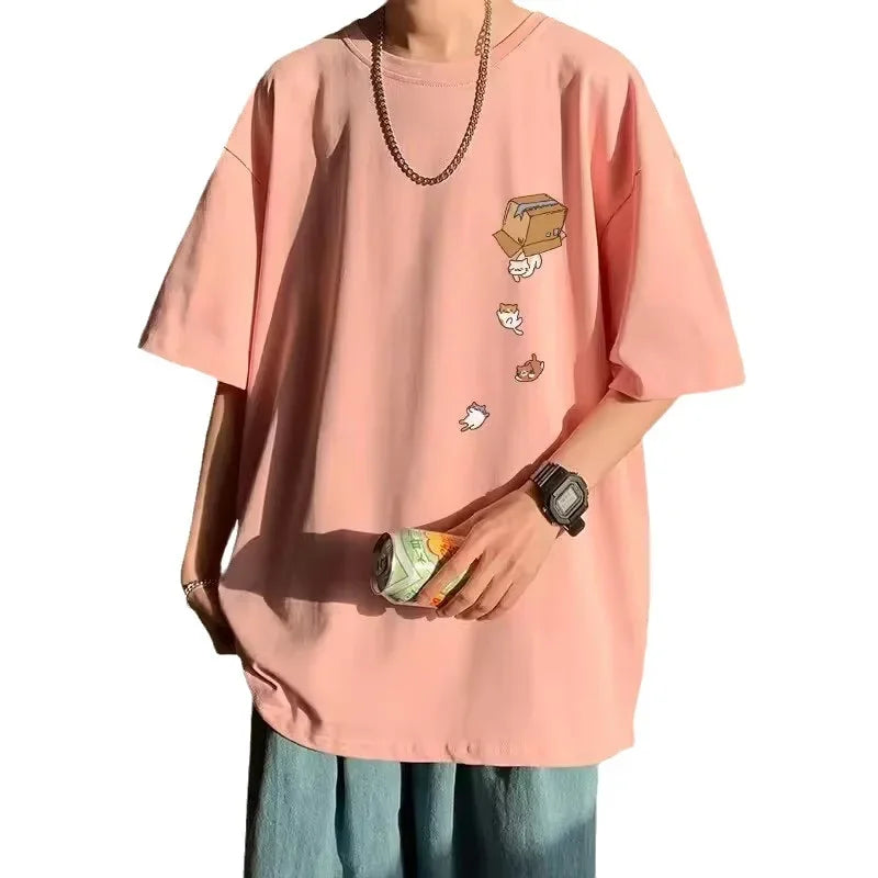 2023 Summer Men's Short Sleeve T-shirt American Style Vintage Loose Fit Student Casual Five Half Sleeve Body T-shirt