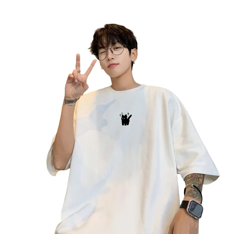 Men's Oversized T-shirts Fashion 5XL White Cotton T Shirt for Men Casual Summer Wear Funny Cat Print Tee Shirts Men Clothing