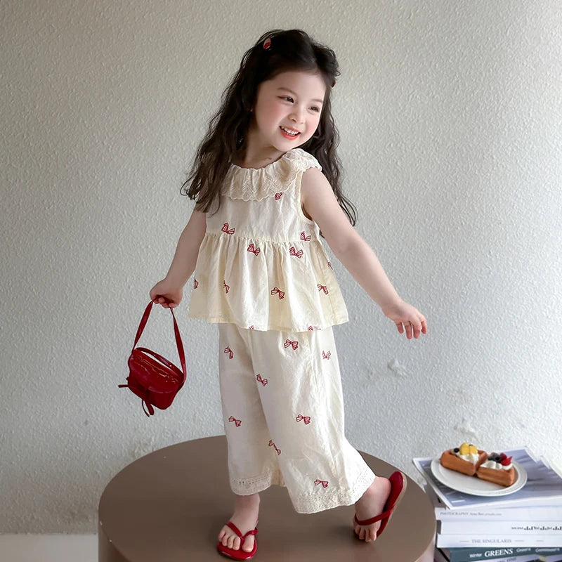 Girls Summer Embroidered Bow Two-piece set Baby Lace Collar Sleeveless Top Pants Sets Kids Clothes Set