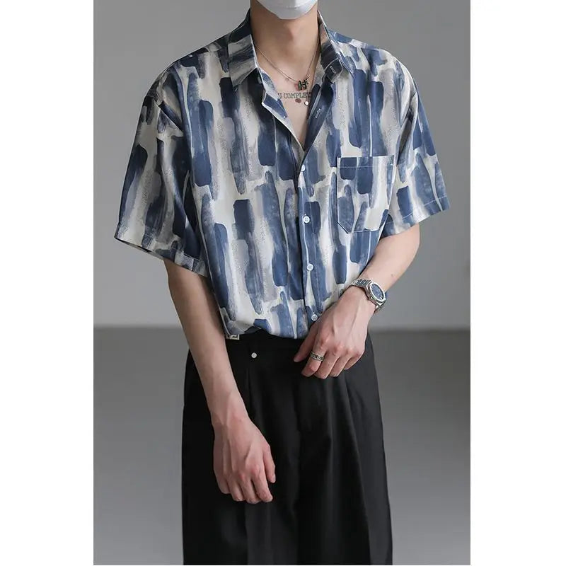 Men's and women summer trend personality simple graffiti lapel shirt couple loose retro Harajuku casual short sleeved top y2k