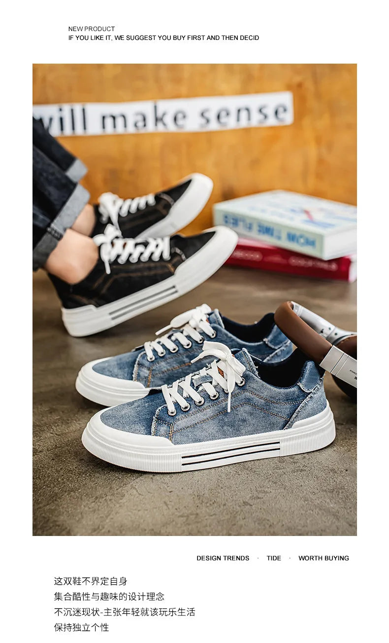 New streetwear denim sneakers men's fashion tied up runway shoes male canvas sneakers hip-hop shoes large size 47 48 boy trainer