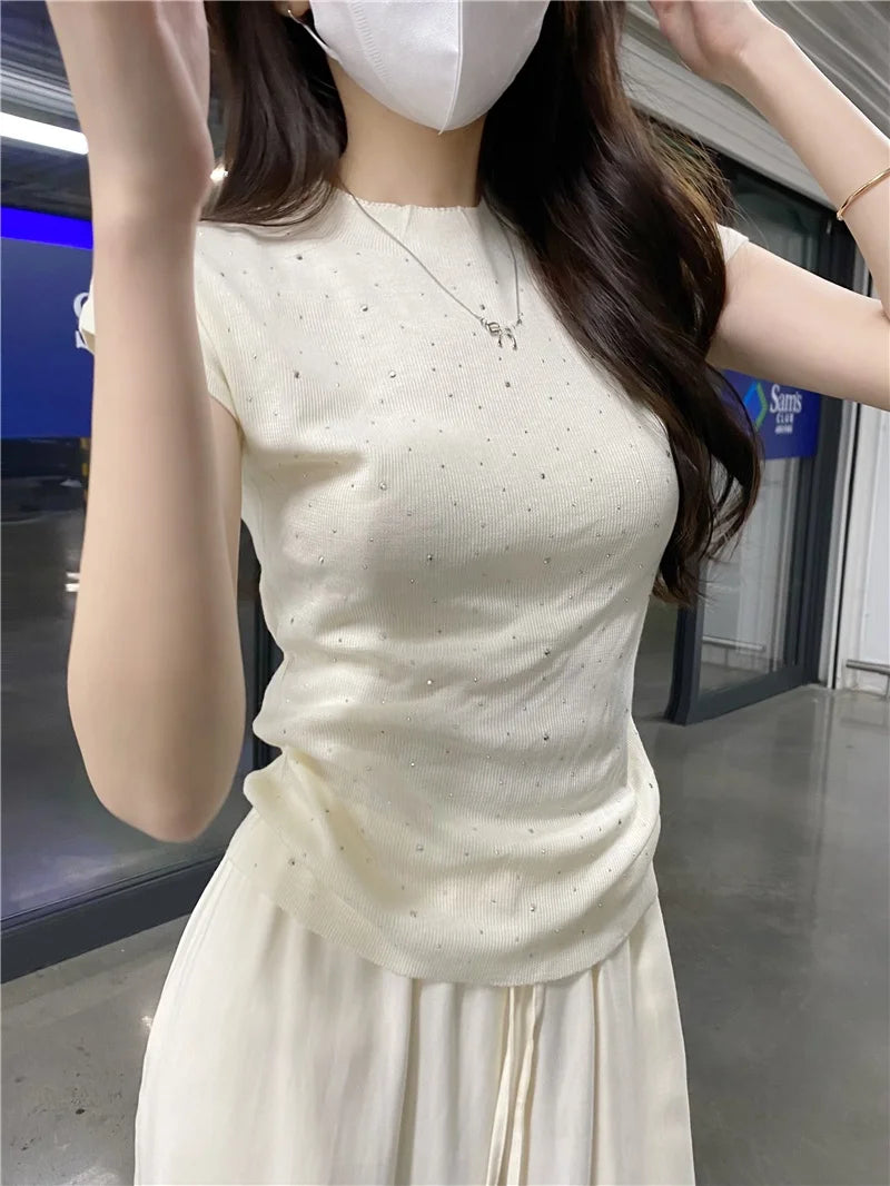 Blue Bead Knitted Top Women's Slim Fit ort Sve round Ne T-irt Summer 2025 New Design Commute Sle Knittedwear