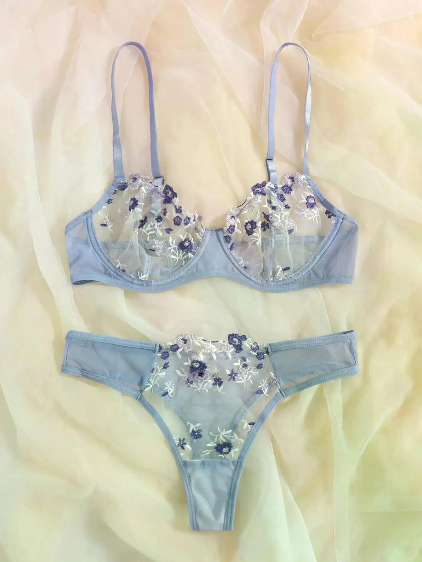 Transperant Lingerie Set Women Mesh Net Sexi Lenceria Sensual Mujer Bra Sets Embroidery Floral Underwired