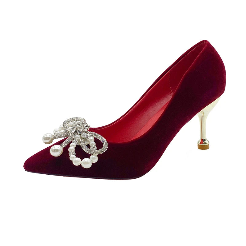 Wedding shoes bride shoes women new pearl thick heel shallow mouth pointed Xiuhe main wedding dress not tired foot single shoes