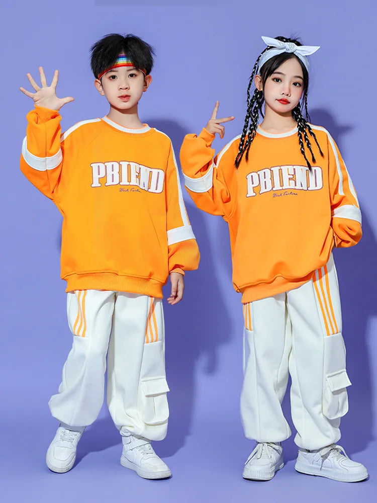 Fashion Kids Hip Hop Dancing Costumes 4 Girls Boys Ballroom Jazz Dance Clothes Party Wear Stage Outfits Orange White Shirt Pants