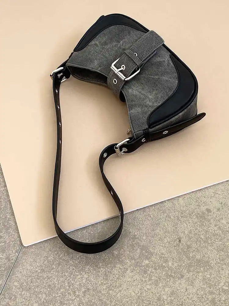 Retro Black Grey Underarm Bag for Women French Versatile Cool Girls Moto One Shoulder Bags Temperament Commuter Handbags Trend