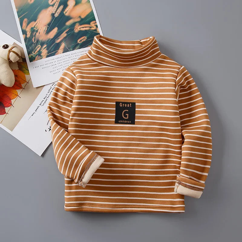 Children's Autumn Winter Fleece-Lined Sweatshirt Casual Style Middle Neck Base Layer Top Outer Wear Boys Girls Home Clothes