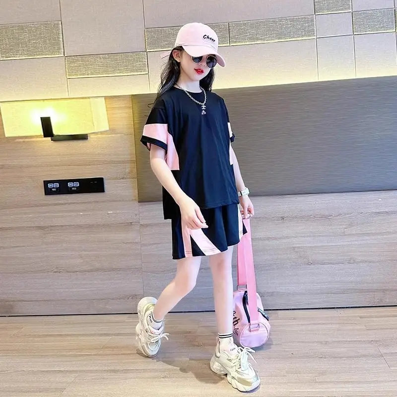 2025 New Girls Fashion Breathable Mesh Contrast Color Patchwork Tees+Pants 2pcs Sportsuits 7-14 Years Teenage Kids Clothes Sets