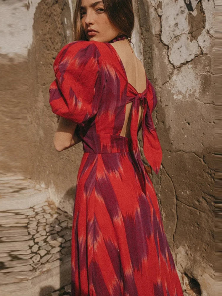Fashion Backless Midi Dress For Women Summer Chic Print Short Puff Sleeves Split Long Dresses Female Holiday Beach Party Robe