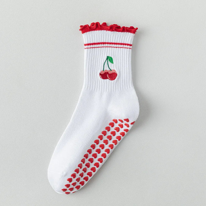 Yoga Socks Women Cotton Cherry Embroidered Lettuce-Edge Dot Silicone Non-slip Grip Pilates Crew Socks