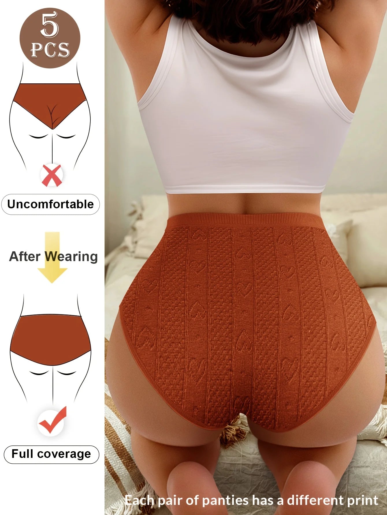 5-Pack of Women's Underwear, High Waist, Tummy Control, Seamless, Heart Pattern, Jacquard, Mid-Waist Briefs, Hip-Covering, Comfo